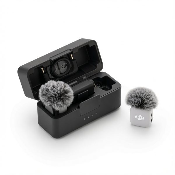 میکروفون بی‌سیم DJI Mic Mini 2 داخل کیس شارژ همراه با بادگیر و کاور مغناطیسی