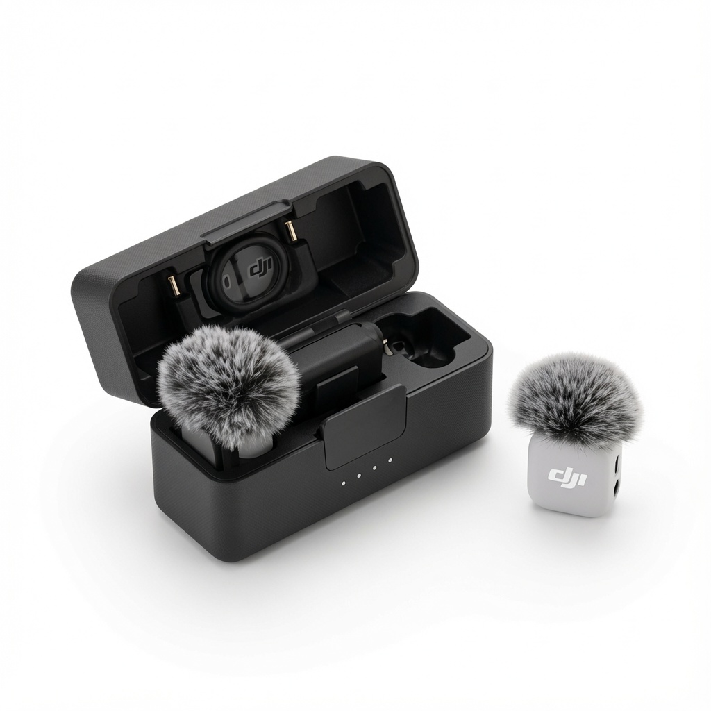 میکروفون بی‌سیم DJI Mic Mini 2 داخل کیس شارژ همراه با بادگیر و کاور مغناطیسی