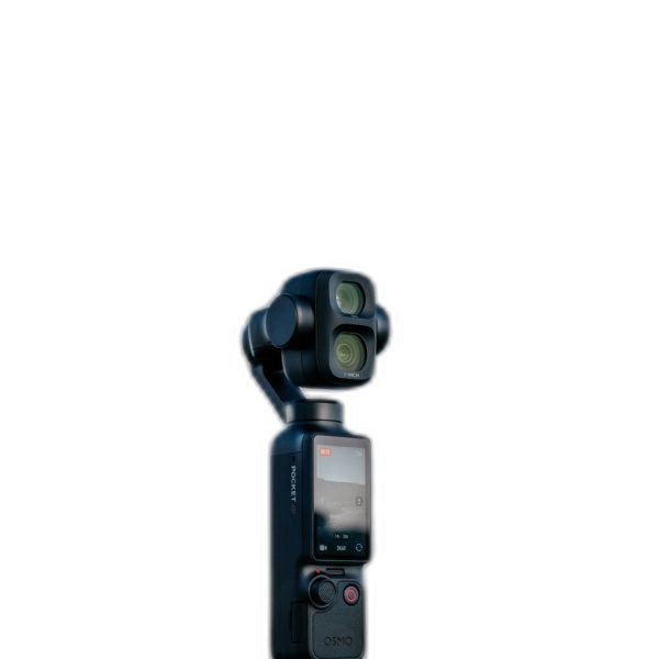 دوربین گیمبال جیبی DJI Osmo Pocket 4P | اسمو پاکت 4P دو لنزی 64 دوربین جیمبال جیبی DJI Osmo Pocket 4P ایستاده روی پسزمینه سفید با دو لنز واضح عریض و تله