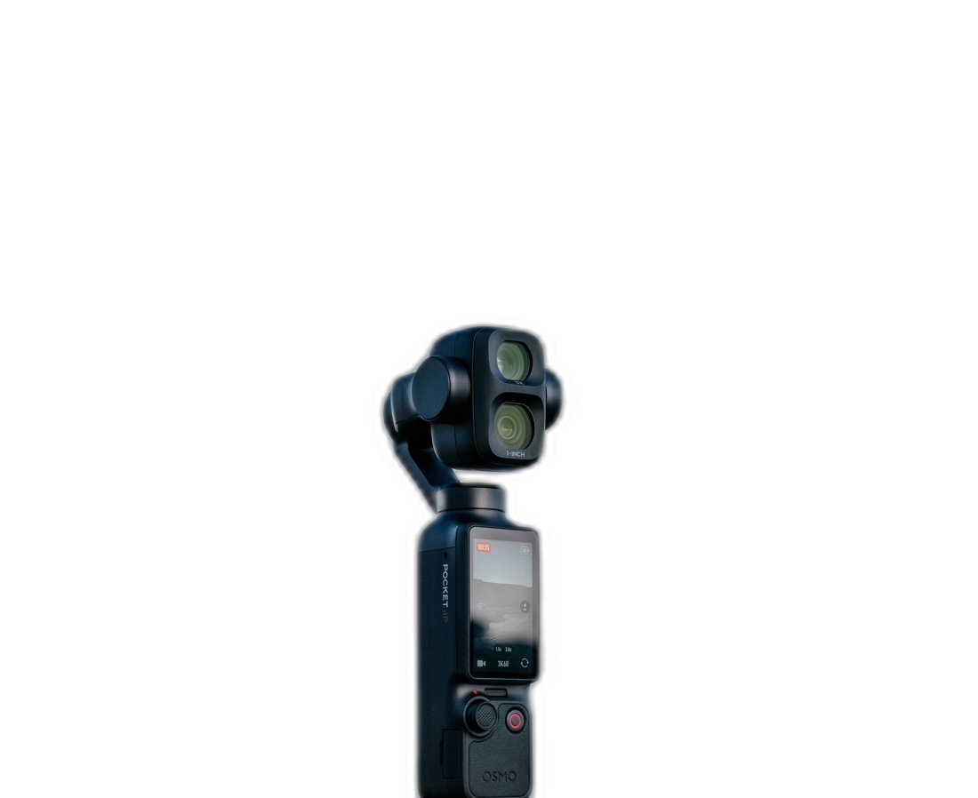 دوربین جیمبال جیبی DJI Osmo Pocket 4P ایستاده روی پس‌زمینه سفید با دو لنز واضح عریض و تله